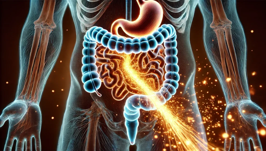 Does Fiber Keep You Full Longer? The Science Behind Athletic Recovery & Regeneration 2 A scientific visualization of the digestive system with a glowing pathway illustrating the slow breakdown of fiber-rich foods, highlighting prolonged satiety and nutrient absorption.