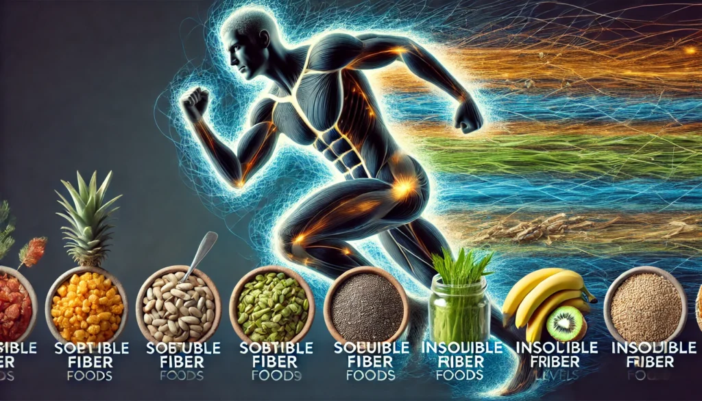 Soluble vs Insoluble Fiber: How They Impact Athletic Recovery & Performance 2 A dynamic image showcasing an athlete energized by a well-balanced diet featuring soluble fiber foods like bananas and legumes, alongside insoluble fiber foods like whole grains and vegetables.