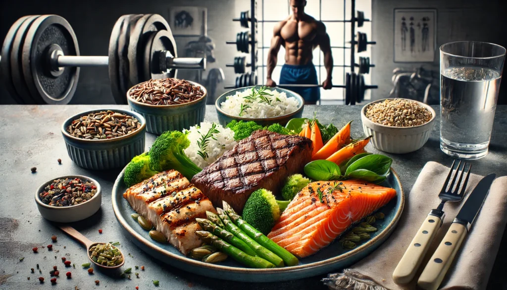 Best Meat Protein for Muscle Growth: Top Choices for Athletic Recovery & Regeneration 2 "A visually appealing plate of high-protein meat dishes featuring grilled steak, roasted chicken breast, and seared salmon, served with steamed vegetables and healthy grains on a stylish dining table with a fitness-themed background."
