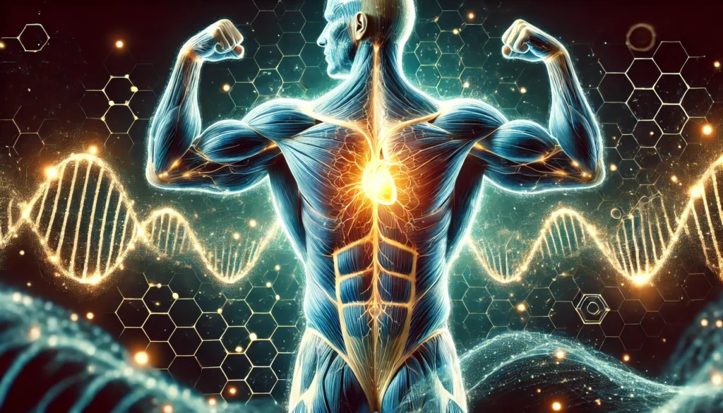Best Muscle Building Supplements for Faster Recovery & Maximum Growth 2 glowing muscular system within a human body, surrounded by energy waves, symbolizing regeneration, strength, and enhanced recovery.