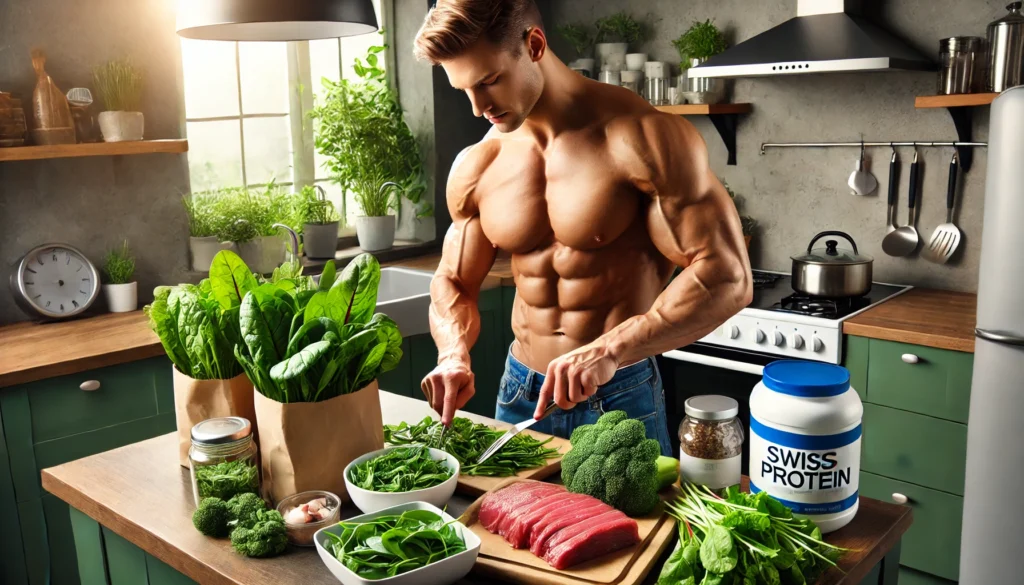 Best Greens for Bodybuilding: Nutrient-Packed Vegetables to Enhance Recovery & Muscle Growth 2 A muscular athlete in a modern kitchen, preparing a meal with an abundance of fresh leafy greens like spinach, kale, and Swiss chard, highlighting the role of nutrition in muscle growth.