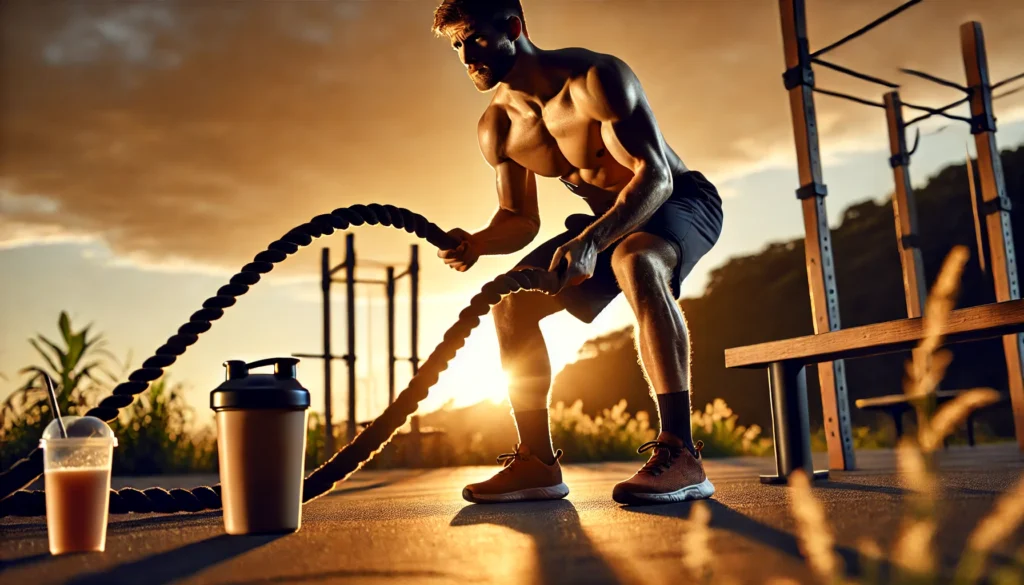 Boost Your Performance: The Best Protein Powder for Muscle Gain and Faster Athletic Recovery 2 "A male athlete performing battle ropes exercises outdoors at sunset, with a protein shake on a bench beside him, highlighting energy, endurance, and athletic recovery."