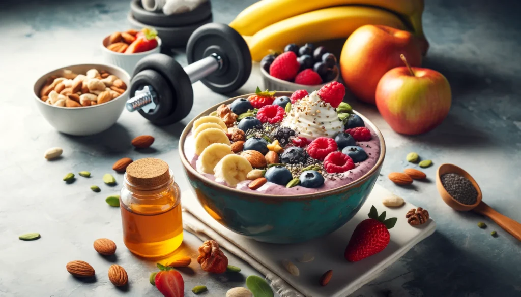 What to Eat to Gain Weight and Muscle: Essential Nutrition for Athletic Recovery & Regeneration 2 A nutrient-dense smoothie bowl designed for muscle recovery, filled with Greek yogurt, bananas, berries, and protein powder, topped with nuts, seeds, and honey. The setting includes fresh fruits, a dumbbell, and a shaker bottle, reinforcing a fitness-focused diet.