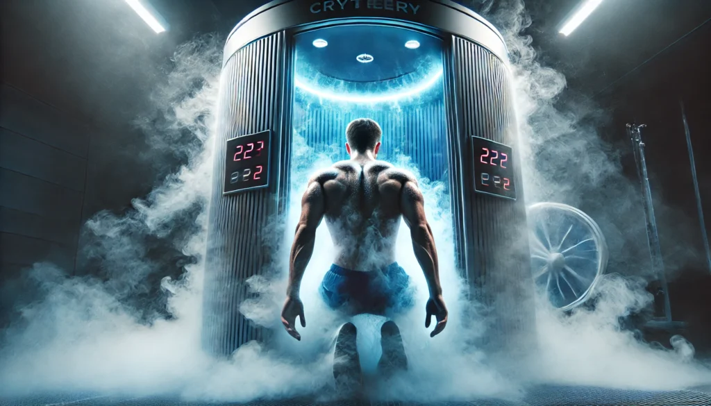 The Best Amino Acids for Muscle Growth and Recovery: Unlock Peak Performance and Faster Athletic Regeneration 3 "A high-tech cryotherapy chamber enveloping a muscular athlete in cooling mist, representing advanced muscle recovery and deep athletic regeneration."