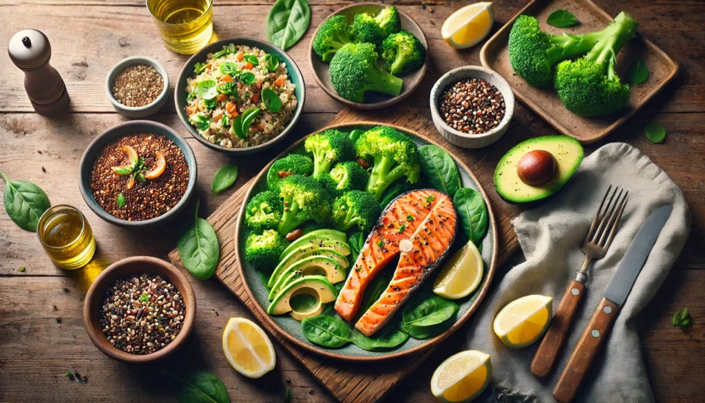 Best Recovery Foods: What to Eat for Muscle Recovery and Repair After Intense Training 3 A nutritious post-workout meal featuring grilled salmon, quinoa, avocado slices, and steamed broccoli, plated with fresh herbs and lemon slices on a rustic wooden table.
