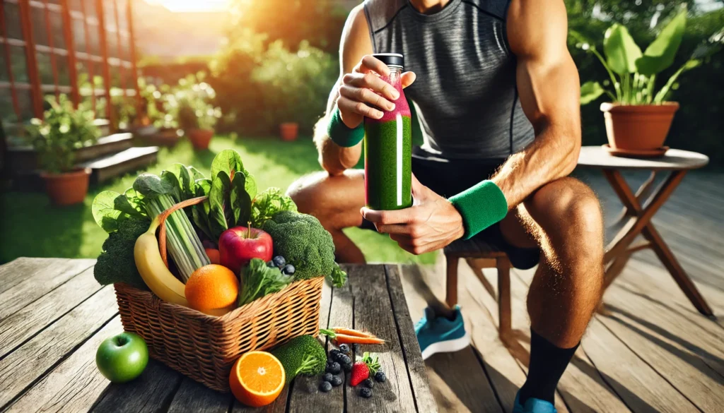Best Foods to Fight Inflammation: Optimize Athletic Recovery & Performance Naturally 3 "An action shot of an athlete hydrating with a bright green anti-inflammatory smoothie post-workout, standing outdoors in natural light with a basket of fresh anti-inflammatory foods in the background."
