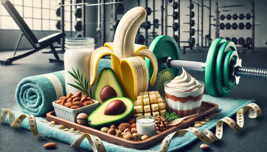 Bananas for Muscle Cramps: How This Nutrient-Packed Fruit Supports Athletic Recovery 3 A visually striking composition of a peeled banana along with nuts, yogurt, and avocado on a sports towel, set against a blurred gym background to highlight balanced nutrition for muscle function.