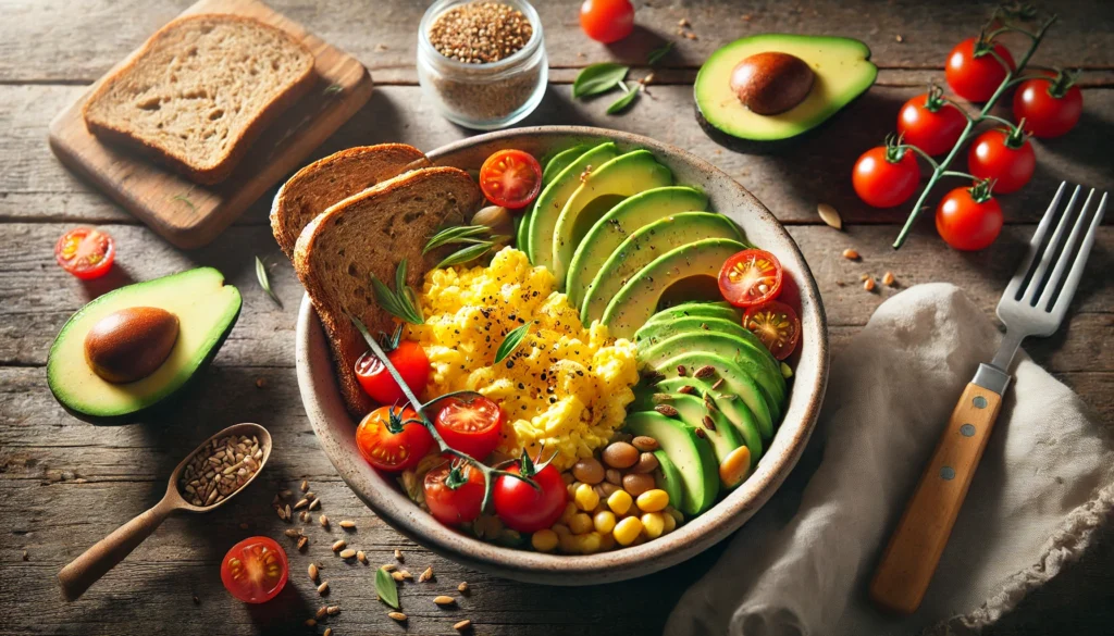 The Ultimate Muscle Building Diet Plan: What to Eat and When to Eat for Maximum Muscle Growth 3 A muscle-building breakfast bowl containing scrambled eggs, avocado slices, whole grain toast, and cherry tomatoes, arranged on a wooden table with warm natural light highlighting the fresh ingredients.