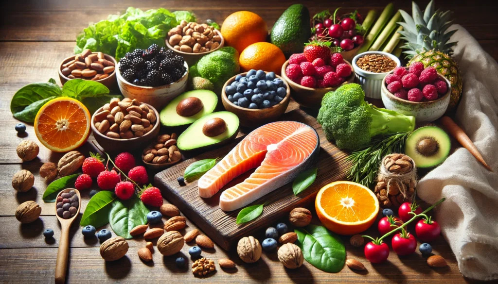 Super Healing Foods: The Best Nutrient-Rich Choices for Athletic Recovery & Regeneration 3 A vibrant assortment of super healing foods, including salmon, avocado, berries, nuts, leafy greens, and citrus fruits, beautifully arranged on a wooden table with natural lighting, highlighting their freshness and nutrient-rich properties for athletic recovery.