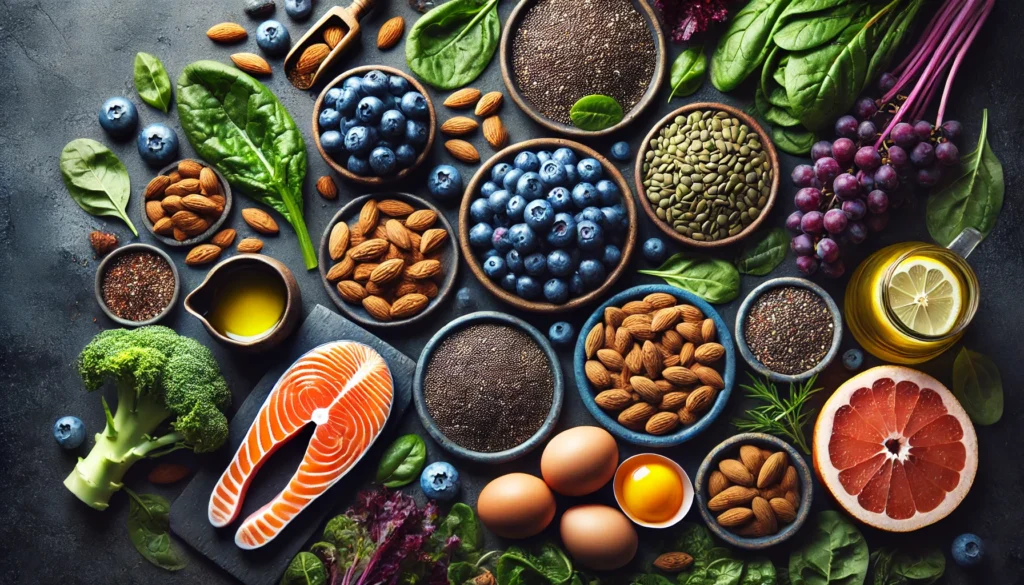 Optimizing Nutrition for Strength Training: The Best Foods to Fuel Performance and Recovery 3 An assortment of superfoods, including blueberries, almonds, chia seeds, quinoa, salmon, leafy greens, eggs, and olive oil, meticulously arranged on a dark slate background to showcase their role in enhancing strength, recovery, and athletic performance.