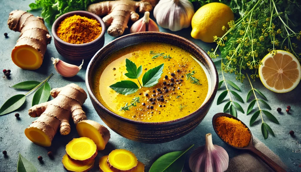 Top Foods That Help with Pain: Natural Nutrition for Athletic Recovery & Regeneration 3 "A warm and nourishing bowl of golden turmeric and ginger-infused broth, garnished with fresh herbs and black pepper, surrounded by garlic, lemon, and leafy greens, highlighting its anti-inflammatory properties for pain relief and athletic recovery."