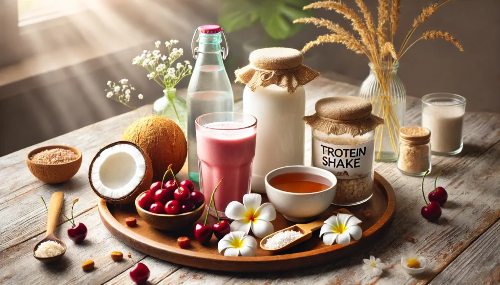 The Best Foods for Muscle Pain Relief: What to Eat and Drink for Faster Recovery 3 A beautifully arranged spread of hydration-focused beverages for muscle recovery, featuring coconut water, tart cherry juice, a protein shake, and chamomile tea on a wooden tray.