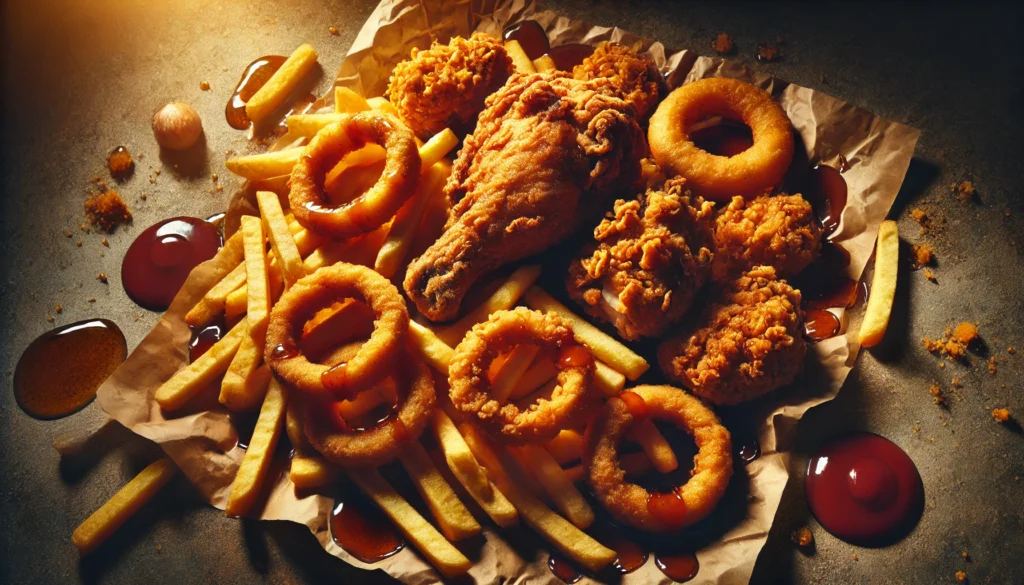 Top Foods to Avoid When Building Muscle for Optimal Athletic Recovery & Performance 3 "Deep-fried foods, including fried chicken, onion rings, and French fries, served on a greasy paper wrapper, emphasizing their excessive oil content and negative impact on muscle building and athletic recovery."