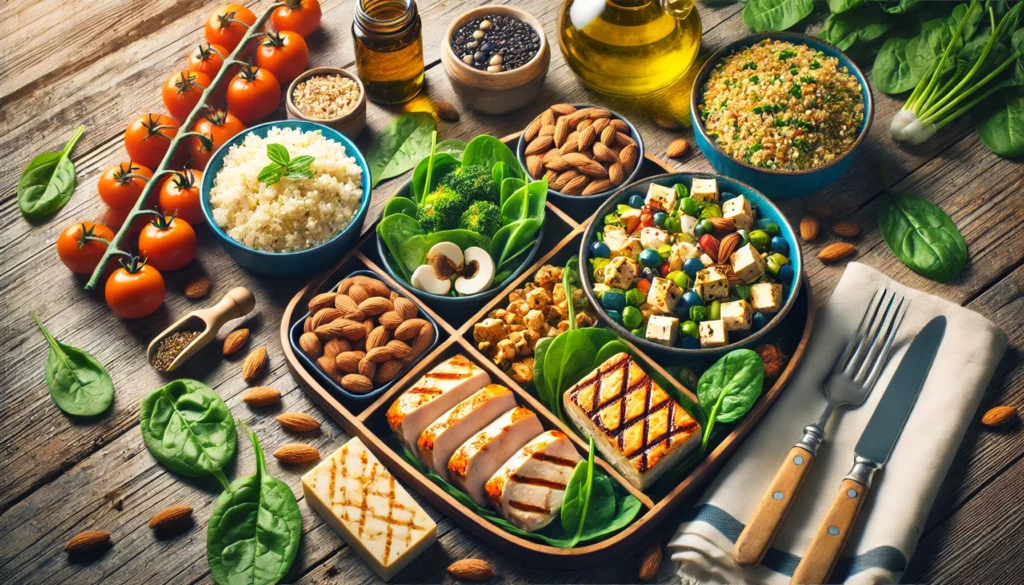 Best Meal Prep for Muscle Gain: Optimize Athletic Recovery & Regeneration with Smart Nutrition 3 "A vibrant meal prep arrangement designed for muscle recovery, showcasing high-protein meals such as grilled chicken, tofu, spinach, quinoa, and healthy fats like almonds and olive oil, set on a rustic wooden table with natural lighting."