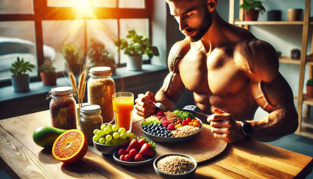 Best Carbs for Muscle Growth: Optimize Athletic Recovery & Regeneration Naturally 3 fit athlete enjoying a high-carb meal for muscle recovery at a modern dining table, featuring whole grains, legumes, and fresh fruits, illuminated by natural light for a warm and inviting feel.