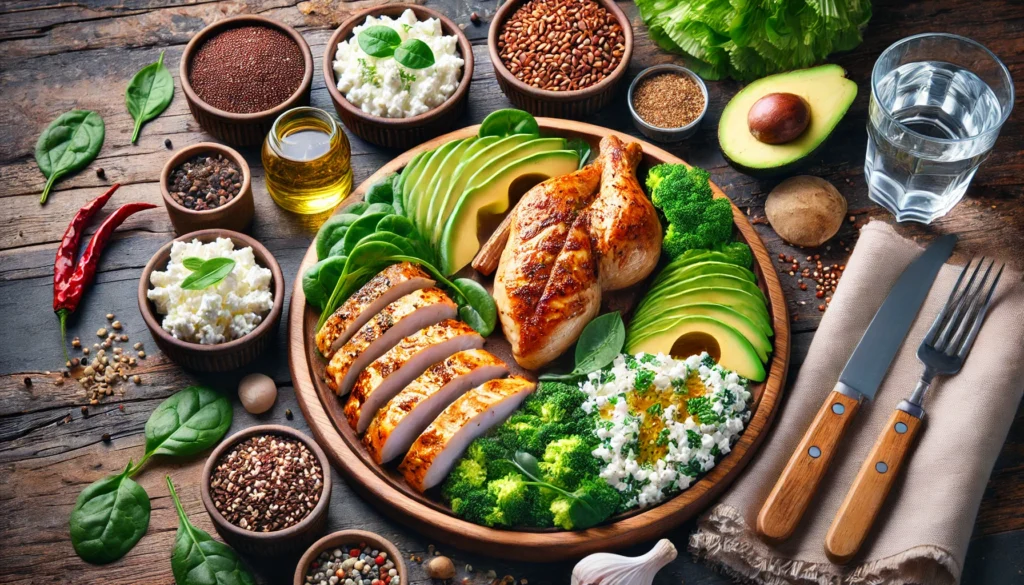 Easy High Protein Meals for Muscle Gain: Fuel Athletic Recovery & Optimize Performance 3 "A well-balanced, protein-rich meal arrangement with grilled chicken, baked fish, quinoa, cottage cheese, leafy greens, and avocado slices on a rustic wooden table, enhanced with fresh herbs and spices."