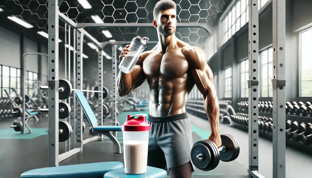 How Much Should I Eat to Gain Muscle? A Science-Backed Guide to Optimal Nutrition for Athletic Recovery 3 "A muscular athlete lifting weights in a modern gym, with a protein shake and water bottle nearby, highlighting post-workout recovery and nutrition for muscle growth."