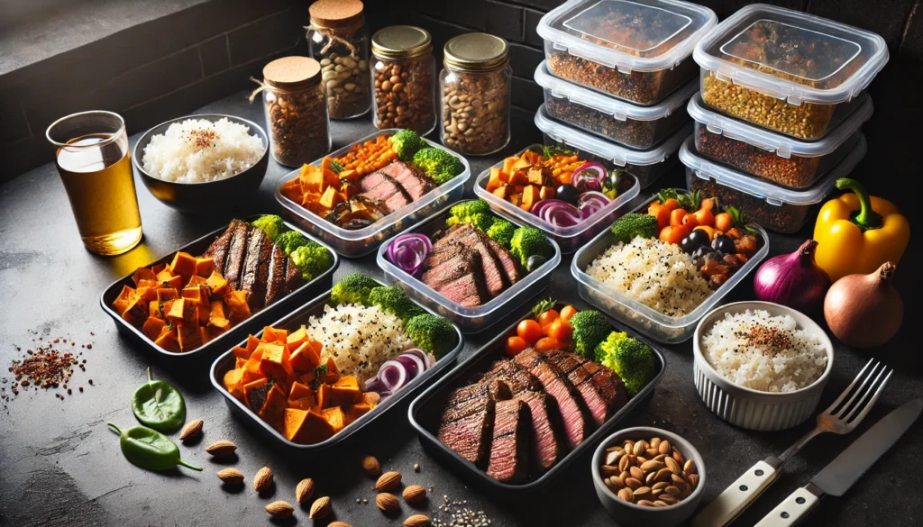 Best Foods for Bulking Skinny Guys: Top Muscle-Building Foods for Faster Recovery and Strength Gains 3 A well-prepared meal prep setup featuring high-calorie foods for muscle gain, including quinoa, sweet potatoes, grilled steak, rice, and mixed nuts, arranged in meal containers on a dark kitchen countertop.
