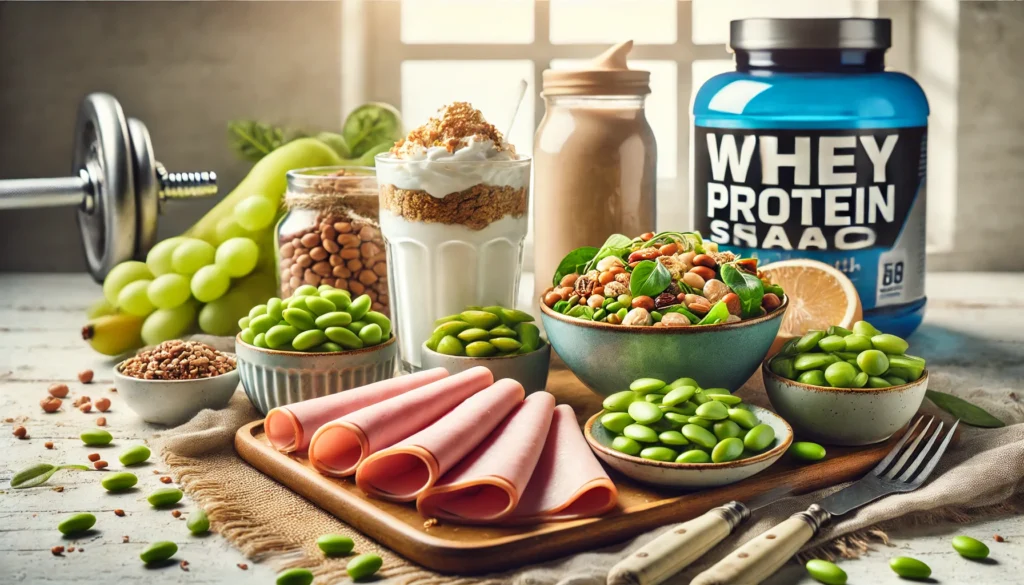 Best Bodybuilding Snacks: High-Protein Foods to Fuel Muscle Recovery and Growth 3 A visually appealing bodybuilding snack spread, showcasing sliced lean turkey, edamame beans, Greek yogurt with granola, a bowl of quinoa salad, and a whey protein shake. The bright, airy background enhances the freshness and protein-packed nature of the meal.