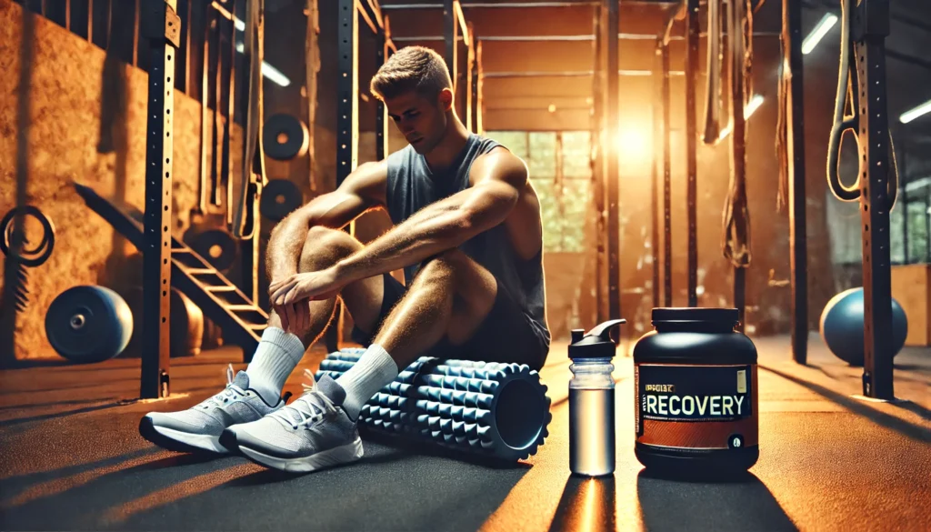 How to Speed Up Muscle Recovery: Top-Rated Supplements and Expert Tips for Faster Healing 3 "A muscular athlete using a foam roller on their legs after an intense workout in a gym setting. Nearby, a water bottle and a container of protein powder highlight hydration and supplementation for faster muscle recovery. The gym equipment and warm ambient lighting create a calm yet energetic post-exercise atmosphere."