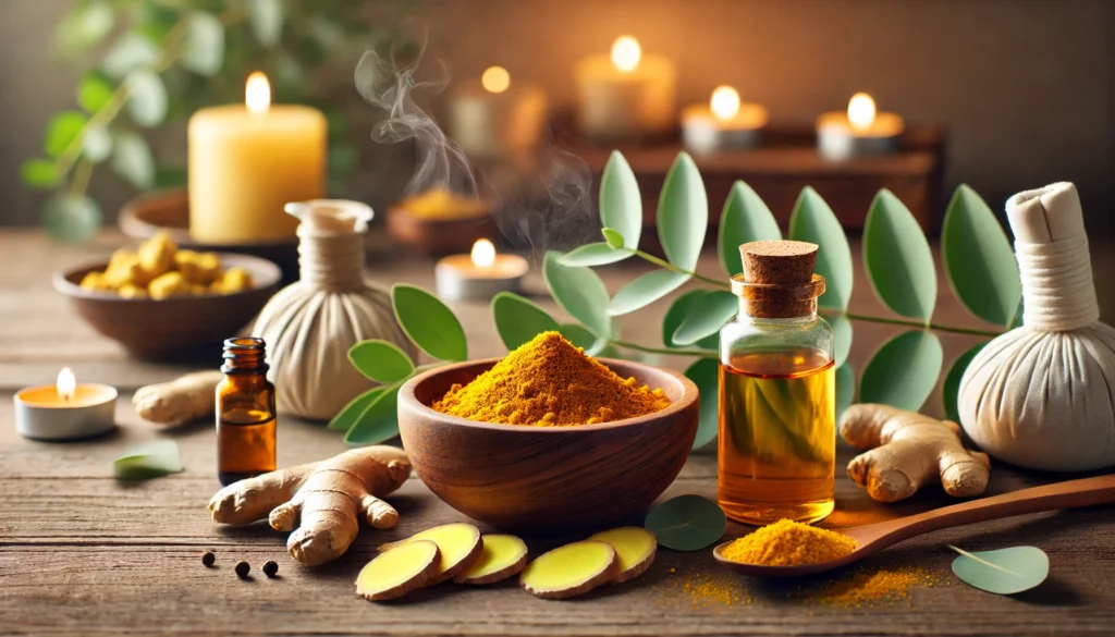 Natural Remedies for Muscle Pain and Inflammation: Effective Solutions for Athletic Recovery & Regeneration 3 A serene spa setting featuring turmeric powder, fresh ginger root, essential oils, and a steaming herbal tea, surrounded by eucalyptus leaves and candlelight, promoting natural muscle recovery.