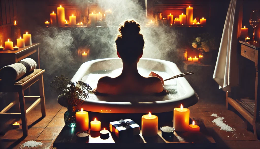 Sore After Workout? Proven Strategies to Relieve Muscle Pain and Recover Faster 3 A person relaxing in a warm bath with Epsom salt, surrounded by soft candlelight in a spa-like setting. The steam and calming ambiance highlight the benefits of soaking for muscle relaxation and post-workout recovery.
