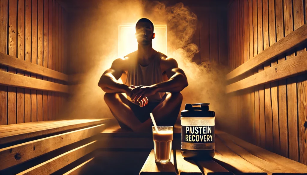 Protein and Muscle Recovery: How It Supports Athletic Performance and Speeds Up Healing 3 A serene recovery scene with an athlete in a sauna, relaxing after an intense workout. The warm lighting and steam emphasize muscle relaxation and recovery, with a protein shake placed nearby to highlight the holistic approach to muscle repair.