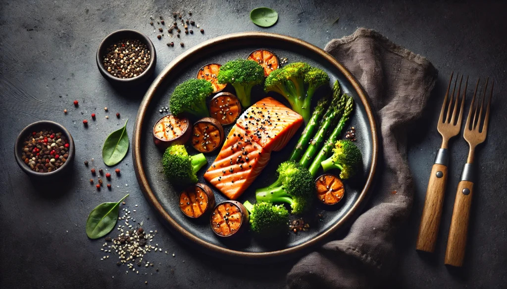 Best Foods to Eat for Joint Health: Optimize Athletic Recovery & Reduce Knee Pain Naturally 3 "A picturesque serving of grilled salmon with roasted sweet potatoes, steamed broccoli, and sesame seeds, showcasing a nutrient-rich meal ideal for joint recovery and inflammation reduction."