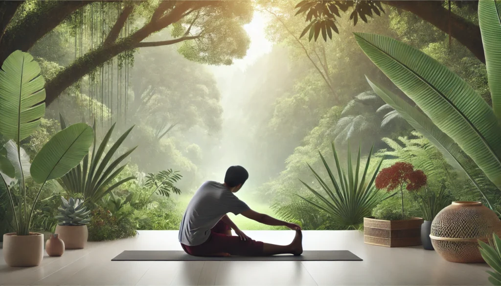 The Best Supplements for Muscle Pain and Stiffness: Optimize Recovery and Performance Naturally 1 An individual practicing yoga or stretching exercises in a tranquil outdoor setting surrounded by lush greenery and soft natural light, promoting muscle recovery and flexibility.