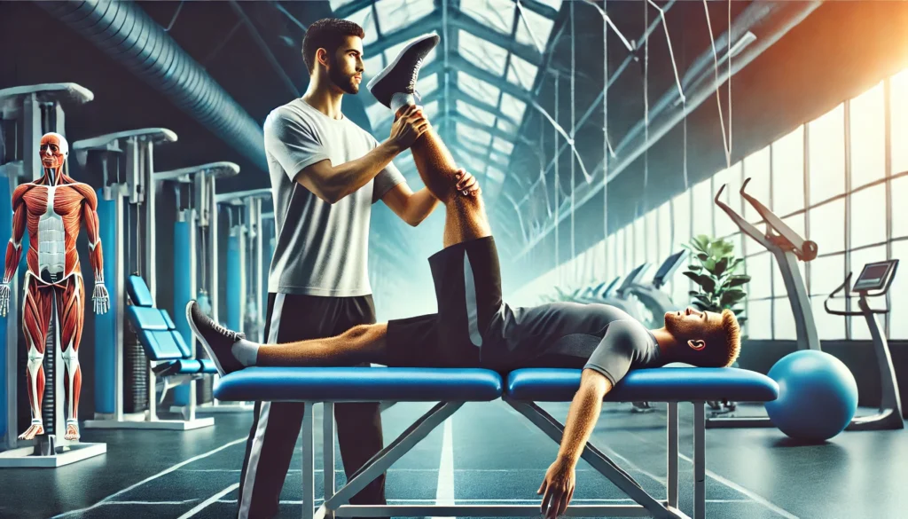 Top Muscle Tear Supplements for Faster Athletic Recovery & Regeneration 3 A high-resolution digital painting of a professional sports therapist stretching the leg of a muscular athlete on a treatment table in a rehabilitation center. The bright and modern setting highlights the importance of hands-on therapy in facilitating muscle recovery and regeneration.