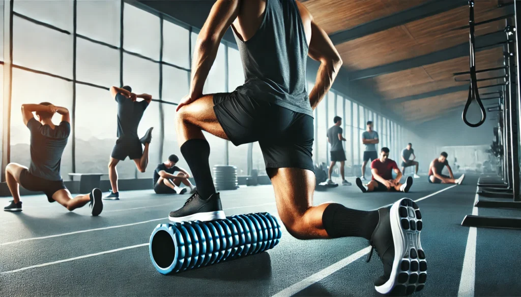 "An athlete using a foam roller in a modern fitness studio with natural light, surrounded by others engaging in stretching and recovery exercises, emphasizing the importance of post-workout recovery."