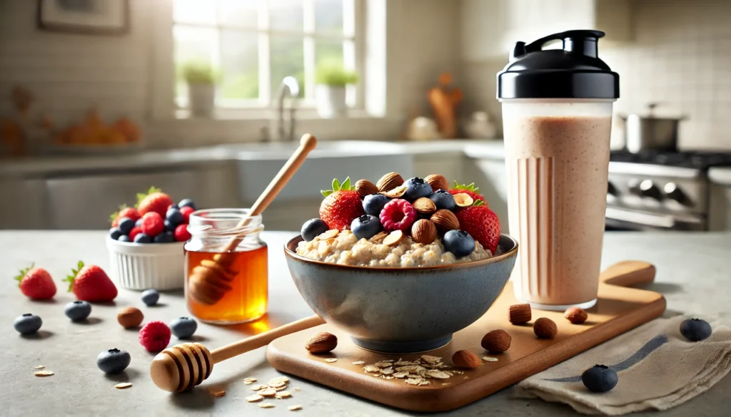 What to Eat 30 Minutes Before Workout: The Best Foods for Peak Performance and Faster Recovery 3 A balanced pre-workout meal featuring oatmeal topped with fresh berries, nuts, and honey, served alongside a protein shake in a bright kitchen with natural lighting, creating a fresh and energizing atmosphere.