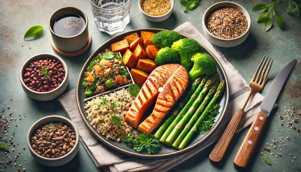 Top Foods to Eat When Bulking: Boost Muscle Growth and Enhance Athletic Recovery 3 A high-resolution image of a well-balanced bulking meal, featuring grilled salmon, quinoa, roasted sweet potatoes, steamed broccoli, and fresh herbs on a stylish plate with a cozy dining table setting.