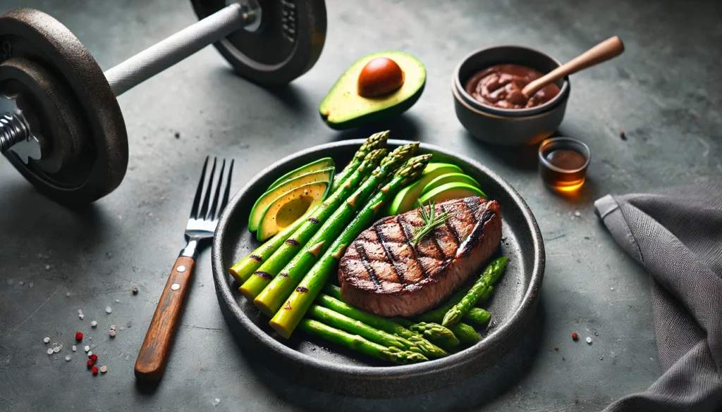 What to Eat to Get Shredded: The Ultimate Nutrition Guide for Athletic Recovery & Regeneration 3 A post-workout meal rich in protein and healthy fats, featuring a lean beef steak, grilled asparagus, and avocado slices, plated on dark stoneware. The softly blurred gym-themed background suggests an athlete’s lifestyle.