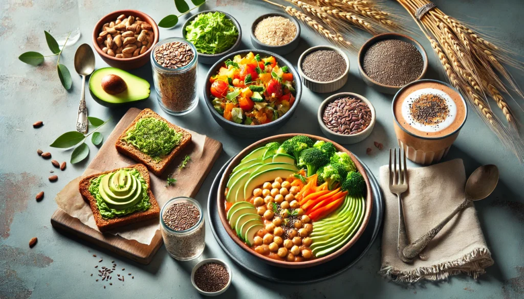 How to Get 30 Grams of Fiber a Day for Optimal Athletic Recovery & Performance 3 A visually appealing display of a fiber-rich meal plan for athletic recovery, featuring a nourishing chickpea and vegetable stew, whole grain avocado toast, and a smoothie bowl with flaxseeds and chia seeds.
