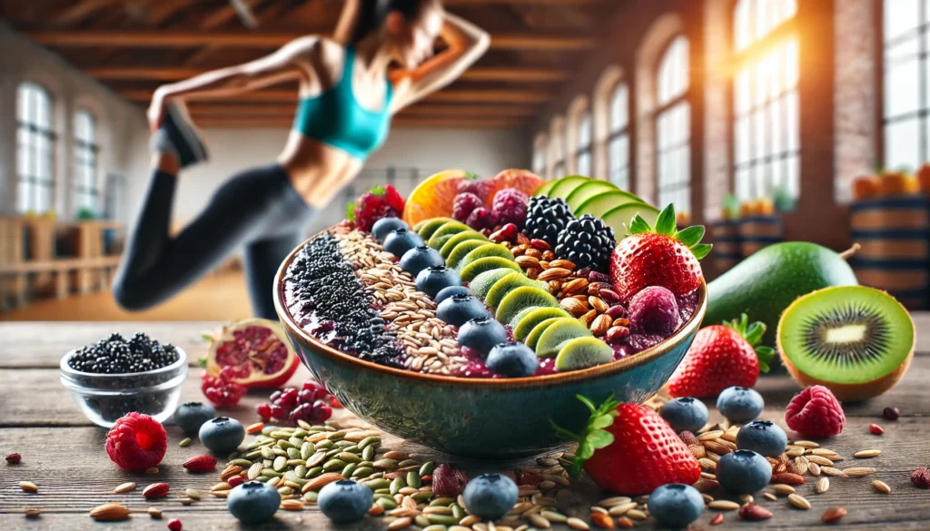 Best Fiber for Weight Loss: How the Right Fiber Can Speed Up Athletic Recovery & Regeneration 3 A close-up of a fiber-packed smoothie bowl with vibrant fruits, seeds, and grains, with a blurred background of an athlete stretching after a workout, showcasing fiber’s role in muscle recovery and weight management.