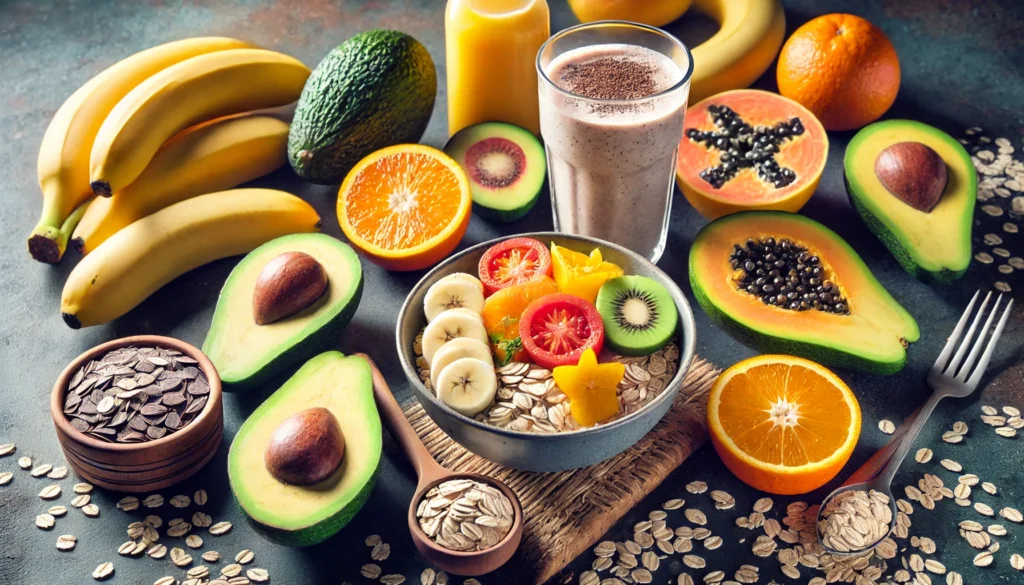 Best Fruits for Muscle Gain: Natural Nutrients to Boost Athletic Recovery & Regeneration 3 A nutritious breakfast spread featuring muscle-building fruits such as avocados, oranges, bananas, and papayas, accompanied by a protein shake and a bowl of oats, set in a fitness-focused environment.