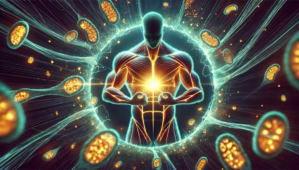 Maximizing Athletic Recovery: The Benefits of Fiber Supplements for Performance and Regeneration 3 A futuristic microscopic visualization of muscle regeneration, showing muscle fibers repairing and strengthening after exercise. The glowing effect highlights the impact of fiber supplements on athletic recovery.