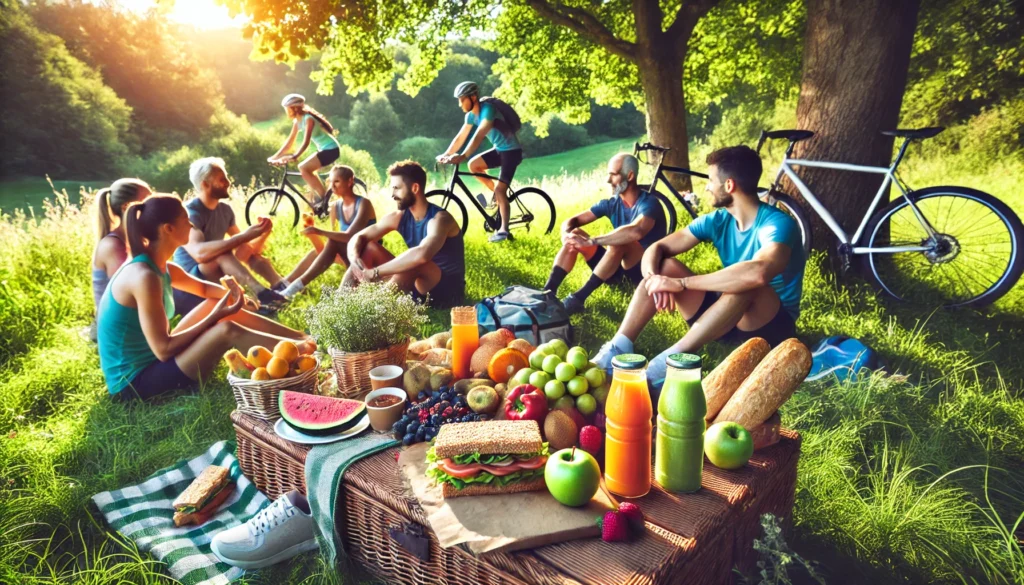 Does Fiber Keep You Full Longer? The Science Behind Athletic Recovery & Regeneration 3 A scenic outdoor gathering of athletes enjoying a fiber-rich picnic in a lush green park, sharing whole-grain sandwiches, fresh fruit, and smoothies, emphasizing fiber's role in energy and recovery.