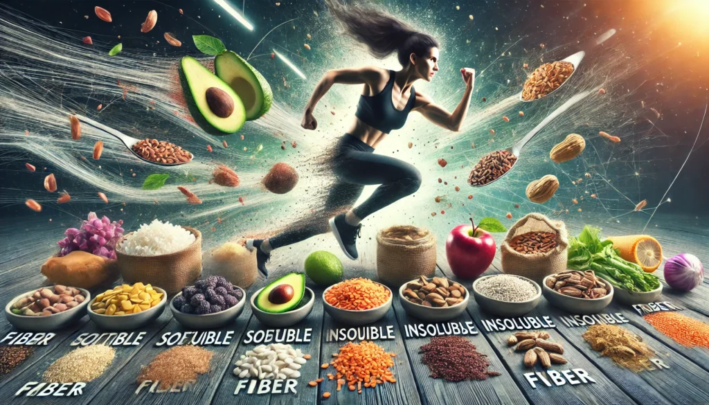 Soluble vs Insoluble Fiber: How They Impact Athletic Recovery & Performance 3 A powerful scene of an athlete mid-workout, with a table displaying fiber-rich foods categorized into soluble and insoluble fiber sources, emphasizing their role in sustained energy and muscle recovery.