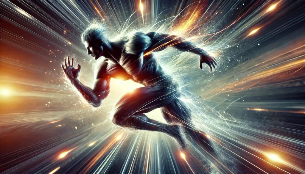 Best Muscle Building Supplements for Faster Recovery & Maximum Growth 3 A muscular athlete in motion, sprinting forward with an explosion of energy effects, emphasizing speed, endurance, and peak physical performance.