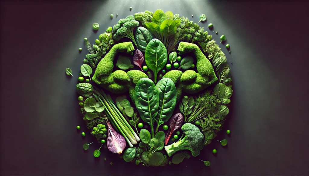 Best Greens for Bodybuilding: Nutrient-Packed Vegetables to Enhance Recovery & Muscle Growth 3 A beautifully arranged circular pattern of spinach, kale, watercress, and arugula, with strong lighting emphasizing their textures and colors, symbolizing the power of plant-based nutrition for muscle recovery.