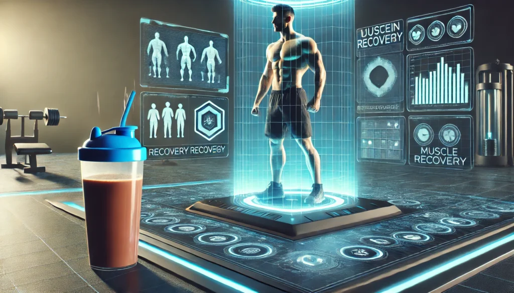 Boost Your Performance: The Best Protein Powder for Muscle Gain and Faster Athletic Recovery 3 "A futuristic fitness lab with a muscular athlete being analyzed by advanced recovery technology, featuring a holographic muscle growth display and a protein shake on a high-tech table."