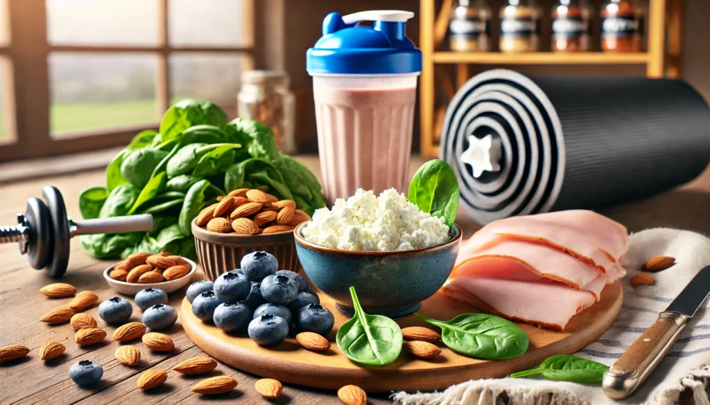 What to Eat to Gain Weight and Muscle: Essential Nutrition for Athletic Recovery & Regeneration 3 A composition of essential post-workout recovery foods, including cottage cheese, almonds, spinach, blueberries, and lean turkey. The background features a protein shake, gym gear, and a well-lit kitchen counter, representing a healthy and active lifestyle.