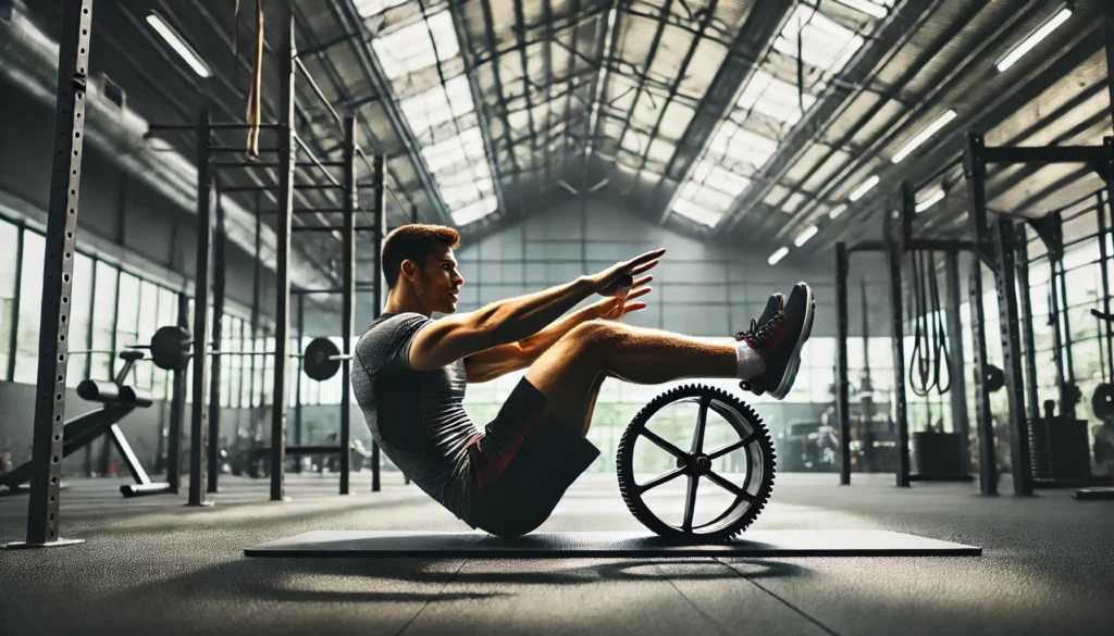 Dynamic Core Exercises: Build Strength, Stability, and a Powerful Midsection 3 A muscular athlete performing an ab rollout using an ab wheel on a gym mat. The gym setting includes fitness equipment, with a slightly blurred background to emphasize core engagement and control.