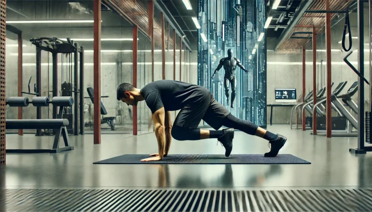 A person performing an advanced plank variation, balancing on one hand and one foot on a yoga mat in a sleek, well-lit gym with large windows. The image highlights core strength and stability.