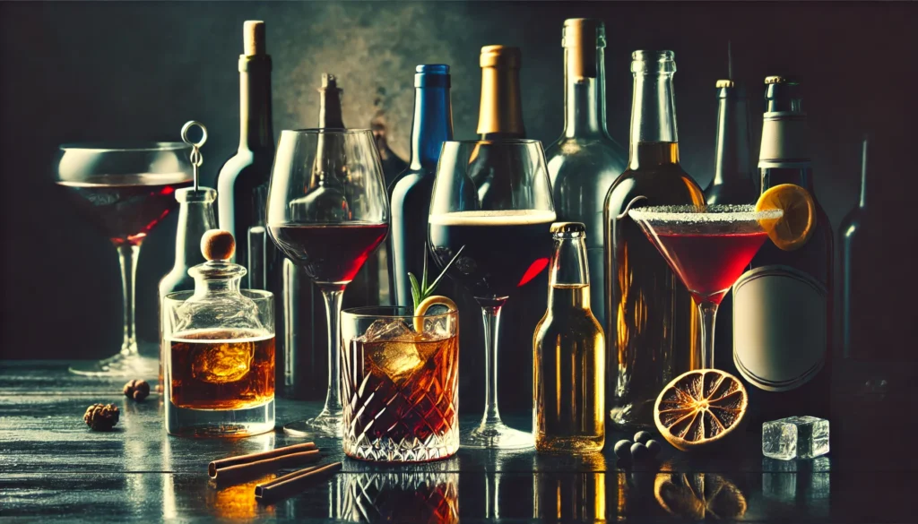 Foods to Avoid While Detoxing: What to Cut for a Successful Cleanse 2 A dramatic still life of alcoholic beverages, including wine, beer, and cocktails, arranged on a dark wooden bar counter, with dim lighting enhancing the rich colors and reflections in the glassware.