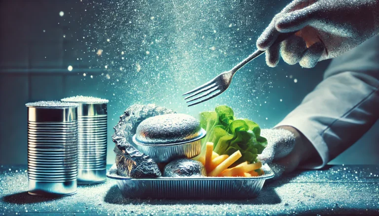 A close-up of aluminum cookware and foil-wrapped food, with metallic particles subtly floating in the air. A person’s hand holds a fork near the food, symbolizing aluminum exposure in daily life. The dimly lit background enhances the sense of contamination and health risks.