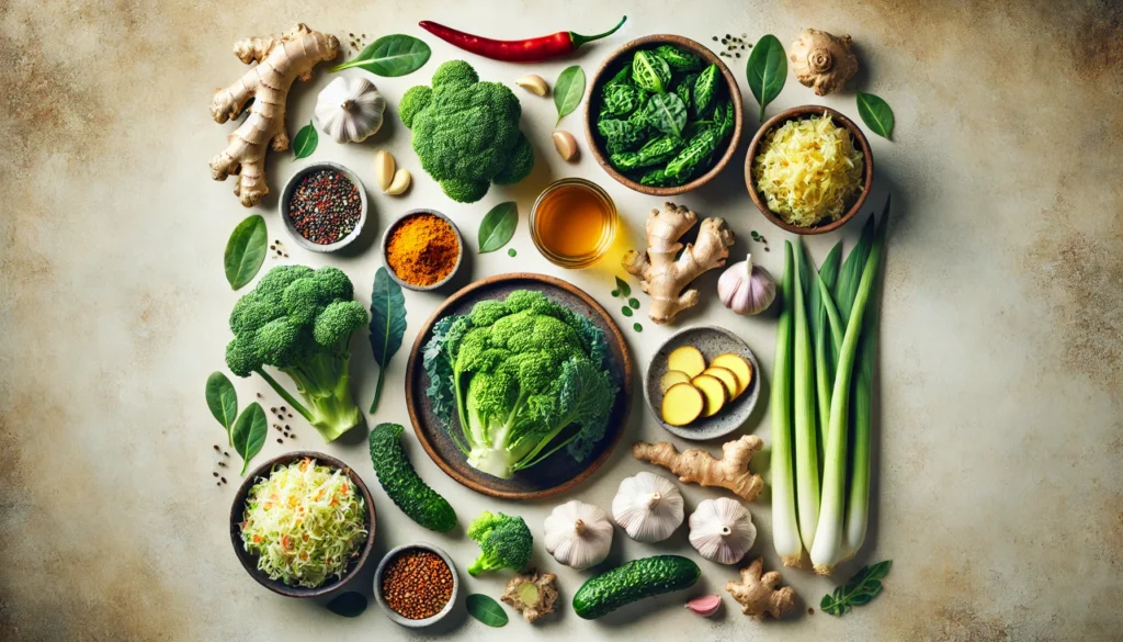 Foods That Kill Mold in the Body: A Natural Approach to Detox and Recovery 1 A top-down view of antifungal foods that help eliminate mold in the body, featuring garlic, turmeric slices, ginger root, broccoli, kale, sauerkraut, and a small dish of apple cider vinegar. The neutral-toned background and soft natural lighting enhance the textures and colors.