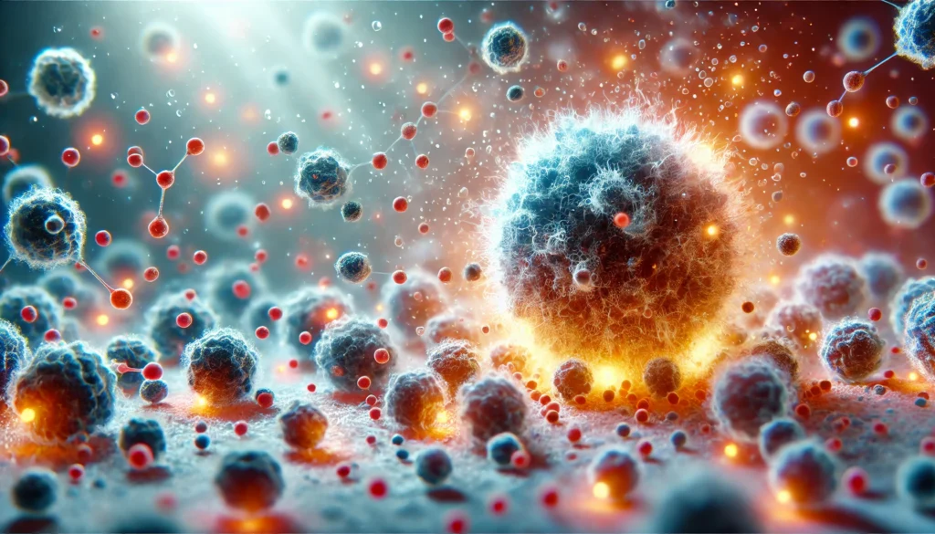 Free Radicals and Antioxidants: How to Protect Your Body from Oxidative Stress 3 A close-up view of antioxidant molecules in action, neutralizing free radicals and forming a protective barrier around healthy cells. The glowing antioxidant particles contrast against dark, chaotic free radicals in a visually striking representation of cellular protection.